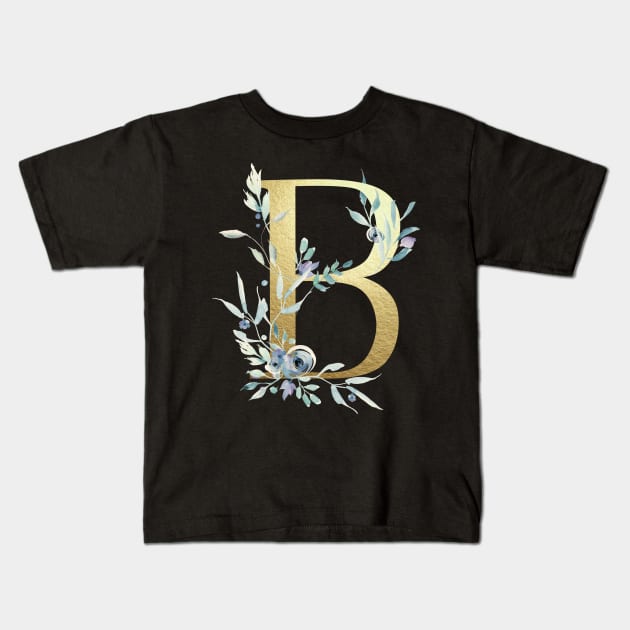 B - Gold Monogram Letter with Watercolor Flowers Kids T-Shirt by GDCdesigns